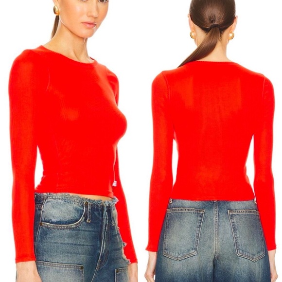 Alexander Wang Bodywear long-sleeve tee in ribbed cotton jersey red Sz XS - Picture 1 of 6